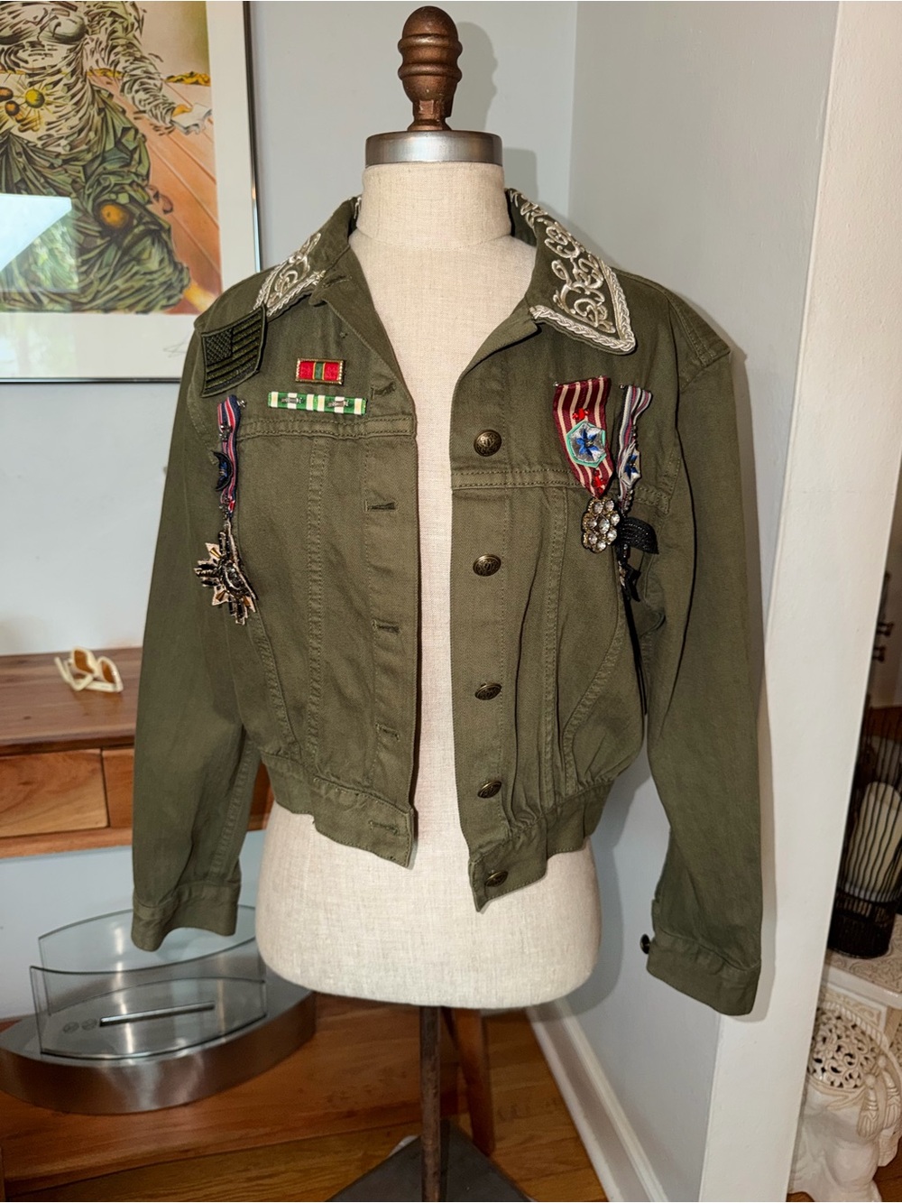 Alice + Olivia Green Military-Style Jacket with Pendents and Embroidered Collar